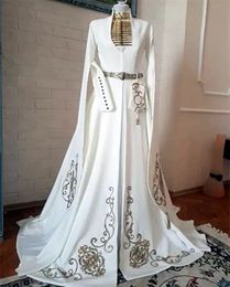 2023 Kaftan Embroidery A Line Wedding Dresses High Neck Long Sleeves White Satin Moroccan Arabic Muslim Bridal Gowns Court Train Traditional Vestido De Novia