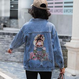 Women's Jackets Ladies Women Loose Denim Jacket Decal Embroidery Pattern Lapel Blue Outwear 2022 Autumn Korean Lady Jeans Coat Vaquera Mujer