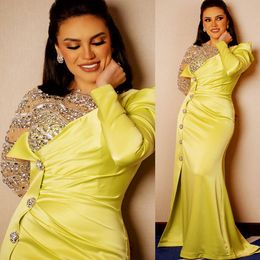 2023 Arabic Aso Ebi Yellow Mermaid Prom Dresses Beaded Crystals Evening Formal Party Second Reception Birthday Engagement Gowns Dress ZJ733