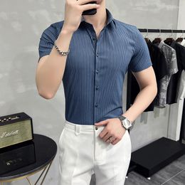 Men's Casual Shirts Summer Thin Short Sleeved Mens Striped Dress Business Office Slim Fit Viscose Blouses Men Plus Size 4XL Vintage Clothes