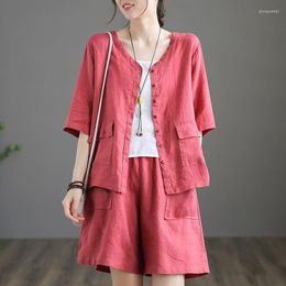 Women's Shorts Sets High Waist LOOSE Cotton And Linen Casual Outfits For Women Cardigan Suit Solid Elastic Womens Two Peice