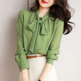 Women's Blouses 2022 Spring And Autumn Shirt Women's Green Polka Dot Collar Tie Long-sleeved One-row Button Cardigan Thin Top
