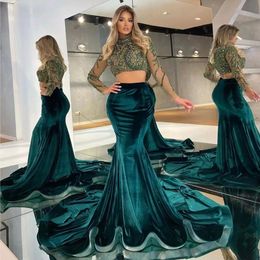 Fashion Long Sleeves Prom Dresses Two Pieces High Neckline Mermaid Evening Gowns Sequined Velvet Sweep Train Special Occasion Formal Wear