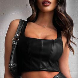 Women's Tanks Sexy Leather Tank Top Sleeveless Bare Midriff Strappy Fashion Streetwear Black Crop Women Gothic Harajuku Grunge