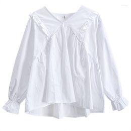 Women's Blouses Women White Blouse Spring Autumn Casual Loose V-Neck Ruffles Female Long Sleeve Shirts Blusas Tops Plus Size AB1597