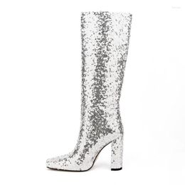 Boots Big Size 45 Sequins 2023 Winter Brand Fashion Bling Knee High Nightclub Party Shoes Heels Women Runway Elegant