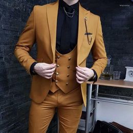 Men's Suits Brown Slim Fit Men 3 Piece Casual Male Fashion Jacket Double Breased Waistcoat With Pants Peaked Lapel Wedding Tuxedo