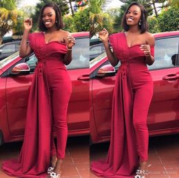 Red Dresses 2023 Prom Jumpsuit Satin Lace Applique One Shoulder Custom Made Ruched Evening Party Gowns Vestidos Formal Ocn Wear