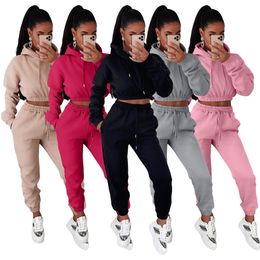 Fall Winter Jogger Suits Women Fleece Tracksuits Long Sleeve Hooded Hoodie And Sweatpants Two Piece Sets Matching Sweatsuits Casual Sportswear Clothes 8809