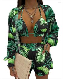 Women's Tracksuits Green Leaves Beach Three Piece Set Outfits Women Fashion Holiday Style Printed Suspender Shirt Shorts Pant Suit 3 Lady