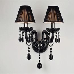 Wall Lamps 2 Lights Black Crystal LED E14 Bulb Double Heads Cristal Silk Fabric Lampshade Bedroom Lighting