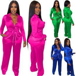 New Designer Satin Tracksuits Two Piece Sets Women Outfits Fall Winter Clothes Long Sleeve Shirt and Pants Casual Sportswear Bulk Wholesale 8780
