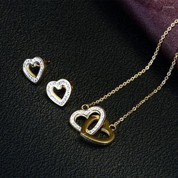 Necklace Earrings Set Love Linked Double Heart Stainless Steel Filled Chain Two Entwined Twins Hearts Jewelry Gift For Girlfriend
