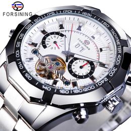 Forsining Fashion Machanical Watches Automatic Male Clock Stainless Steel 2 Dial Tourbillon Week Date Casual Mens Wrist Watch199h