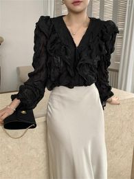 Women's Blouses Alien Kitty Gentle V-Neck Women Tops Thin Elegant Slim-Fit 2022 Office Lady Autumn Chic Puff Sleeve Loose Work Wear Shirts