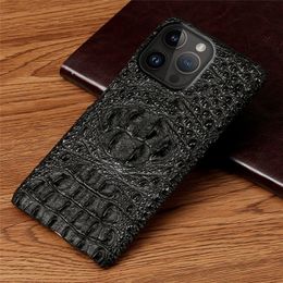 Genuine Leather Case for iPhone 14 Pro Max 13 12 3D Crocodile Skull Armour Back Cover