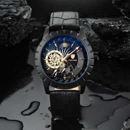 2019 TEVISE Mens Watches Mechanical Automatic Self-Wind Watch Black Leather Moon Phase Tourbillon Business Luminous Wristwatches2513