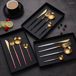 Dinnerware Sets 4Pcs Cutlery Set Fork Spoon Knife Stainless Steel Golden Tableware Home Dinner Ccamping Travel Kitchen Items