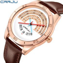 CRRJU Men luxury Sports leather Watches Male Funny Binary calendar Clock Japan Movement Waterproof Wrist Watch erkek kol saati278W