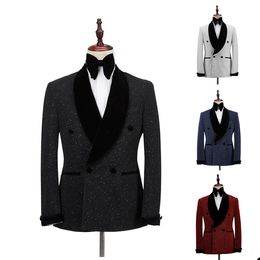 Two Pieces Wedding Tuxedos Men Suits Shining Sequins Modern Formal Slim Double Breasted Customised Fit Notched Lapel Pockets Bridegroom