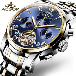 AESOP Automatic Mechanical Watch Men Luxury Men's Wrist Watches Wristwatch Waterproof Skeleton Male Clock Men Relogio Masculi267U