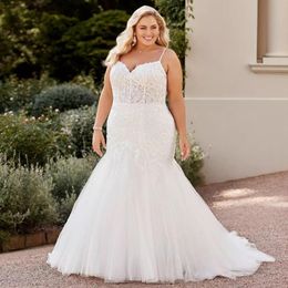 Stylish Plus Size Wedding Dresses Mermaid Bridal Gowns Lace Spaghetti Straps Neckline Sweep Train Tulle Vestidos De Novia