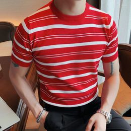 Men's T Shirts Streetwear Korean Slim Bottomed Shirt Thick Round Neck Stripe Short Sleeve T-shirt Sweater High Quality Male Knitting Tshirt
