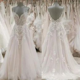 2023 Beach Wedding Dresses Bridal Gown Tulle Lace Applique Spaghetti Straps Backless A Line Sweep Train Plus Size Custom Made Garden Vestido De Novia 403 403