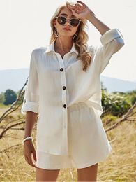 Women's Tracksuits Women's Casual Suit 2022 Summer Long-Sleeve White Shirt Top Cotton And Linen Shorts Breathable Fabric Cloth Sets