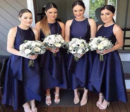 Blaue Marineblaue Brautjungfernkleider aus Satin mit Juwelenausschnitt, ärmellos, hoch niedrig, Strandkleid in Übergröße für Hochzeitsgäste, maßgeschneiderte formelle Abendgarderobe