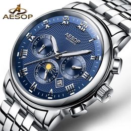 AESOP Men's Automatic Watches Mechanical Watch Blue Stainless Steel Wrist Wristwatch Male Clock Men Man Relogio Masculino A287t