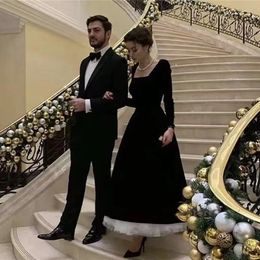 Long Sleeves Prom Dresses for Women Party Elegant Square Neck Black Velour Ivory Tulle Evening Gowns A Line