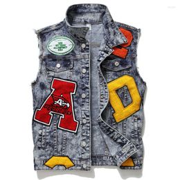 Men's Vests High Quality Patch Men's Denim Embroidered Vest Letters Sleevless Jacket Hip Hop Biker Waistcoat