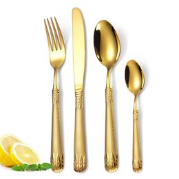 4Pcs/Set Retro Vintage Relief 304 Stainless Steel Tableware Set Knives Forks Teaspoon Golden Silver Luxury Dinnerware Cutlery Set RRA804