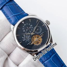 New Master Grande Tradition Q500242A Steel Case Blue Dial Perpetual Calendar Super Complex Automatic Tourbillon Mens Watch Leather298c