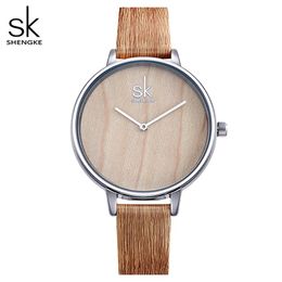 Shengke 2018 New Creative Women Watches Casual Fashion Wood Leather Watch Simple Female Quartz Wristwatch Relogio Feminino221C