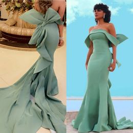 Sage Green Mermaid Evening Dresses Elegant Off Shoulder Long Satin Formal Event Gown Big Bow Backless Maxi Prom Party Dress