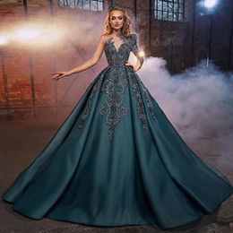 Dark Green Beaded Prom Dresses Lace Appliqued A Line Evening Gowns With Long Sleeves Sheer Bateau Neckline Sweep Train Special Occasion Formal Wear