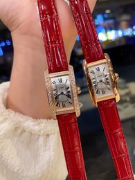 Women Americaine Rectangle Watch Real Leather Slim Sapphire Crystal Glass Wristwatch Roman Number Dial Zircon Quartz Clock 35mm