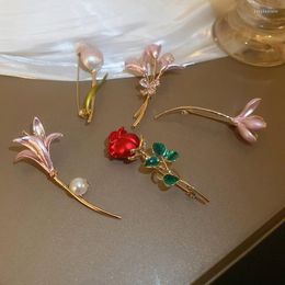 Brooches Rhinestone Pink Red Flower For Elegant Woman Tulip Bouquet Bowknot Lapel Pins Wedding Distinctive Jewelry