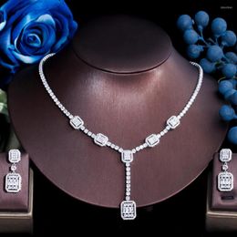 Necklace Earrings Set ThreeGraces Sparkling Cubic Zirconia Geometric Square Shape Long Dangle And Party Jewellery For Women TZ676