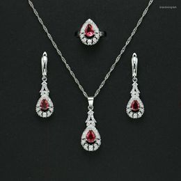 Necklace Earrings Set 3pcs/set Gorgeous Perfect Cut Big Oval 12 Colours Cubic Zirconia Pendant Earring And Ring Fashion CZ Women