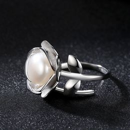 Pearl Flower Ring S925 Sterling Silver Rose Freshwater Pearl Open Ring European Women Personalised Ring Wedding Party ring Valentine's Day Gift Jewellery spc