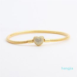 18K Yellow Gold plated CZ Diamond Heart Bracelets Original Box Set for Pandora 925 Silver Snake Chain Bracelet for Women Wedding J259A