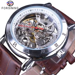 Forsining Waterproof Gear Flower Movement Transparent Leather Clock Men Skeleton Automatic Mechanical Watches Top Brand Luxury246r