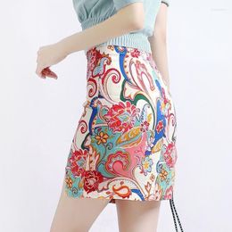 Skirts 4XL Women Vintage Totem Floral Print Pleated Casual Pencil Skirt Fashion Elegant Office Work Mini NZ020