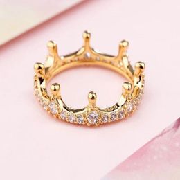 Shine Gold Plated Enchanted Crown with Cz Stones Ring Fit Pandora Charm Jewellery Engagement Wedding Lovers Fashion Ring