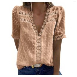 Women's Blouses Summer Women Fashion Lace Short Sleeve Casual Shirts V-neck Solid Colour Top Lady Office Chiffon Blouse Xl