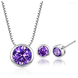 Necklace Earrings Set Cute Round Zircon Pendant Earring Sets Crystal Pink Purple Red Colors Party Jewlery For Women Simple Female Gift