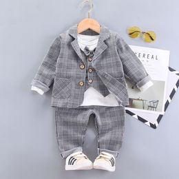 Spring Kids Clothes Tie Blazer Formal Cotton Gentleman Casual Boys Jackets T-Shirt Pants 3Pcs/Sets Infant Suit Children Cl 27